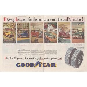 Vintage 1947 Goodyear Tires Print Ad 2-Page Classic Car History Garage Decor